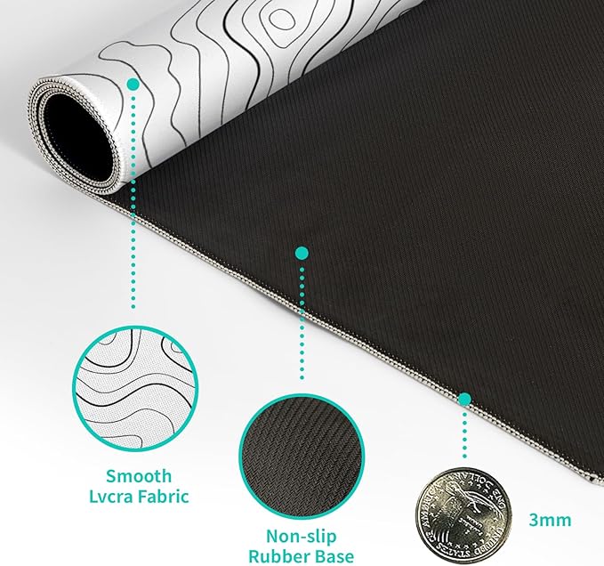 Topographic Contour White Gaming Mouse Pad XL Geographic Map Lines Extended Big Large Desk Mat Non-Slip Rubber Base Stitched Edge Long Keyboard Mousepad for PC Computer Laptop,31.5x11.8 Inch