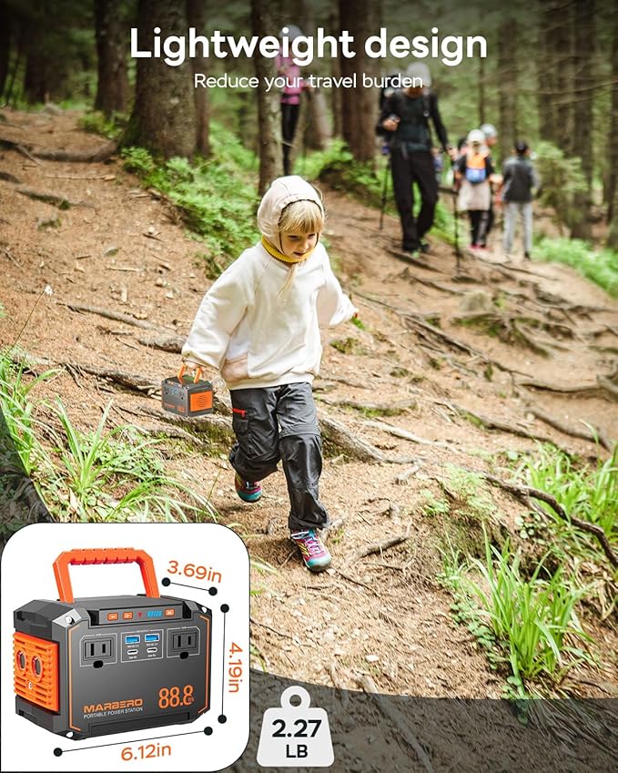 MARBERO 88.8Wh Portable Power Station Backup Lithium Battery Solar Generator 150W Max AC & 30W USB-C Output for Camping Hiking RV Off-Grid Living CPAP Home Outage Emergency (Solar Panel Optional)