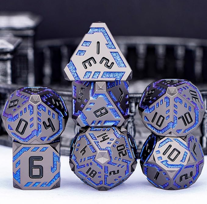 Metal DND Sci-fi Dice Set 7PCS Stripe Polyhedral Dice for Dungeons Dragons RPG Role Playing Game, Glitter D and D Dice with Gift Box D6 D8 D10 D12 D20 (Black&Blue Purple)