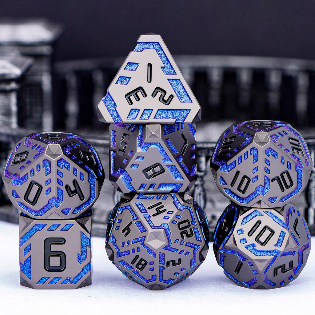 OGCOPHEN Metal DND Sci-fi Dice Set 7PCS Stripe Polyhedral Dice for Dungeons Dragons RPG Role Playing Game, Glitter D and D Dice with Gift Box D6 D8 D10 D12 D20 (Black&Blue Purple)