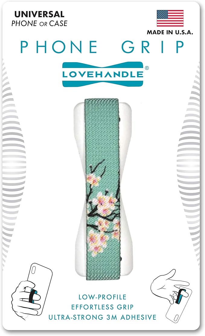 LOVEHANDLE Universal Phone Grip for Smartphones & Mini Tablets - Phone Holder for Hand - Wireless Charging Compatible - Made in The USA - Cherry Blossom