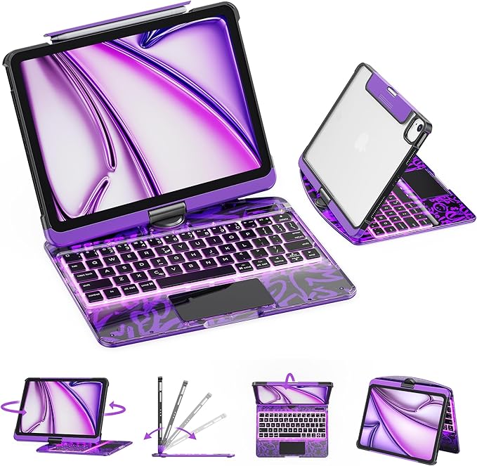 GUSGU Transparent Case with Wireless Keyboard only for 2024 iPad Pro 11-in.(M4), 7 Colors Backlight, Trackpad, 360°Rotating Stand for iPad Pro 11(5th Gen), Tech Style