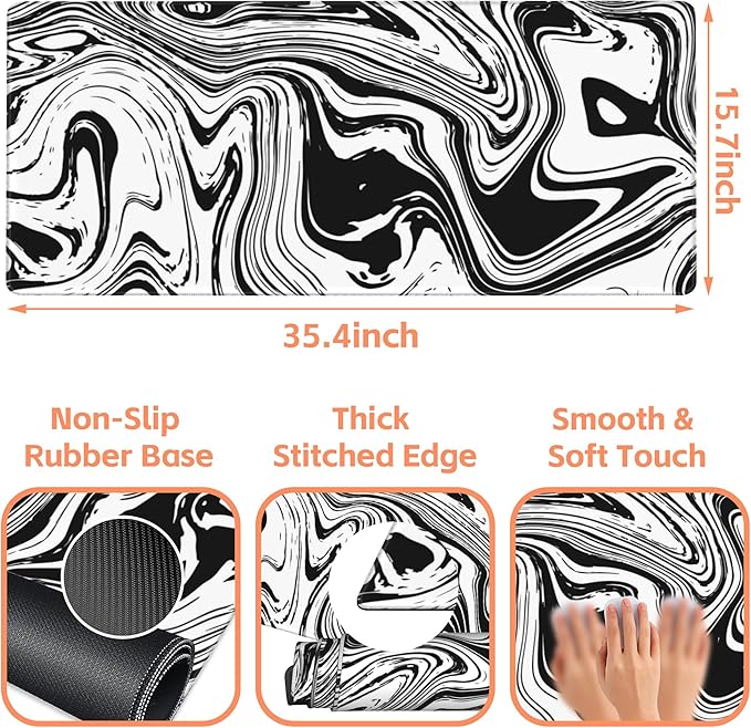 Mouse Pad Large Black and White Fluid Non-Slip Gaming Desk Mat with Stitched Edge Laptop Keyboard Desk Pad for Work Home Gaming (35.4 x 15.7 Inches)