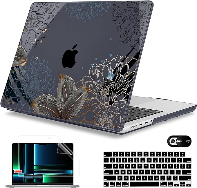 Mektron Case for MacBook Pro 16" M4 A3403 A3186 M3 A2991 M2 A2780 M1 A2485 (2021/2023/2024) Pro/Max with Touch ID, Hard Shell Plastic Laptop Cover Keyboard Cover Screen Protector, Line Chrysanthemums