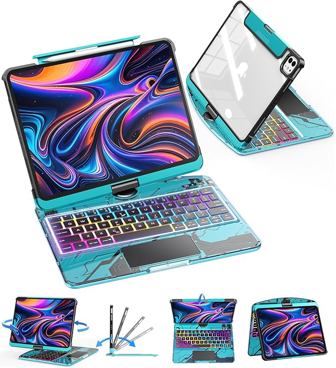 SIBEITU Keyboard Case for iPad Pro 13 Inch (M5 2025 / M4 2024), 360 Rotatable iPad Pro 13 Clear Cover with Multi-Touch Trackpad, 7-Color Backlight & 3 Brightness, High-Tech Visible PCB Design, Blue