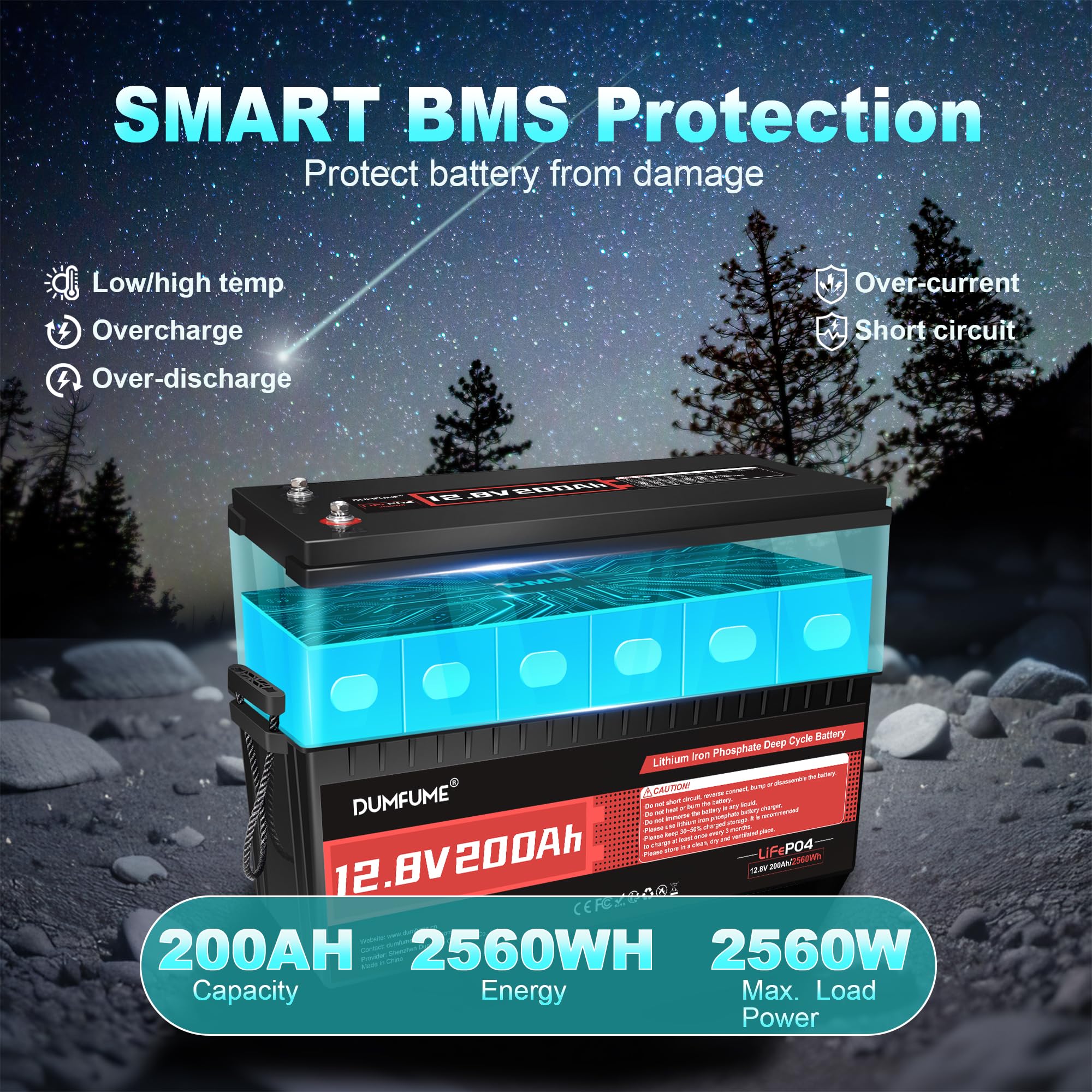 Dumfume 12V 200Ah LiFePO4 Battery 200A BMS IP65 Low Temp Cutoff