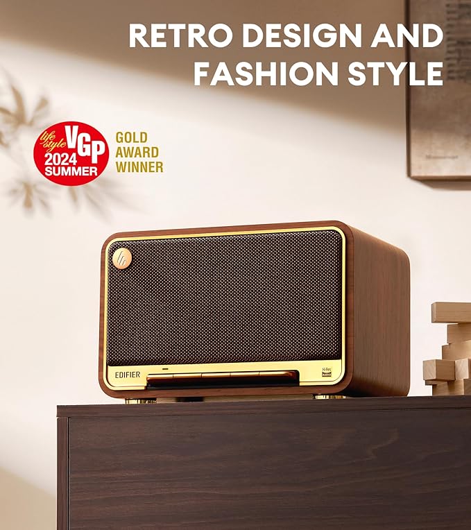 Edifier D32 Tabletop Wireless Speaker, Hi-Res Audio, LDAC, ALAC, 60W (RMS), 2.1 Acoustic Architecture, 11h Playtime, APP Control, Bluetooth 5.3, AirPlay2, USB-C and AUX Inputs, Brown