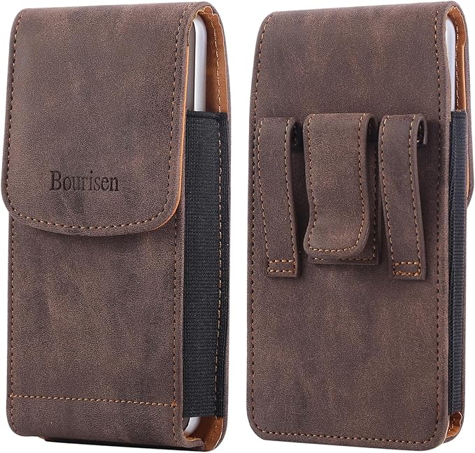 Universal Phone Holster Phone Pouch Case Belt Clip Belt Loops Card Slot Faux Leather for Man iPhone 17/16/15pro max,16/15Plus,Samsung S25 24 S23 S22 Ultra (Brown&Yellow, XL(6.6"x3.4"x0.8"))