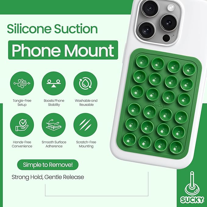 SUCKY Silicone Suction Phone Case Adhesive Mount - Anti-Slip Holder, Hands-Free Fidget Toy, Phone Accessory for iPhone and Android - Sticky Grip for Selfies, Videos, and Tiktok - Pine Green