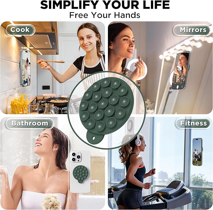 Magnetic Suction Cup Phone Mount for MagSafe Case, Silicone Hands-Free Phone Grip Holder for iPhone and Android, Mirror Shower Phone Stand for Makeup FaceTime Gym Kitchen Bathroom, Alpine Green