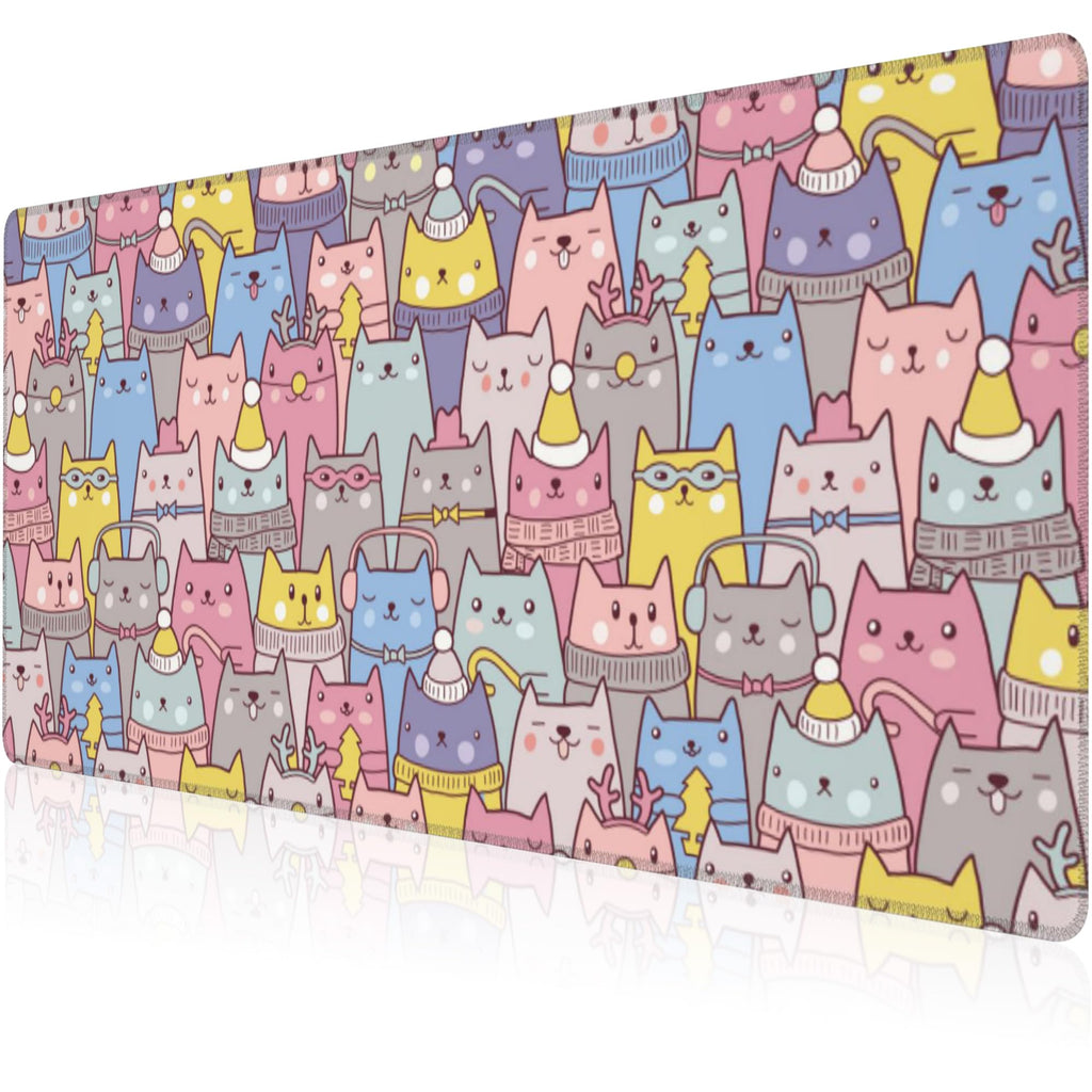 Mouse Pad, Large Cute Christmas Cats Desk Mat, Extended Non-Slip Gaming Keyboard Mousepad Desk Pad, Thick Stitched Edges Waterproof Mouse Mat 31.5"x15.7" (Cartoon Christmas Kittens)