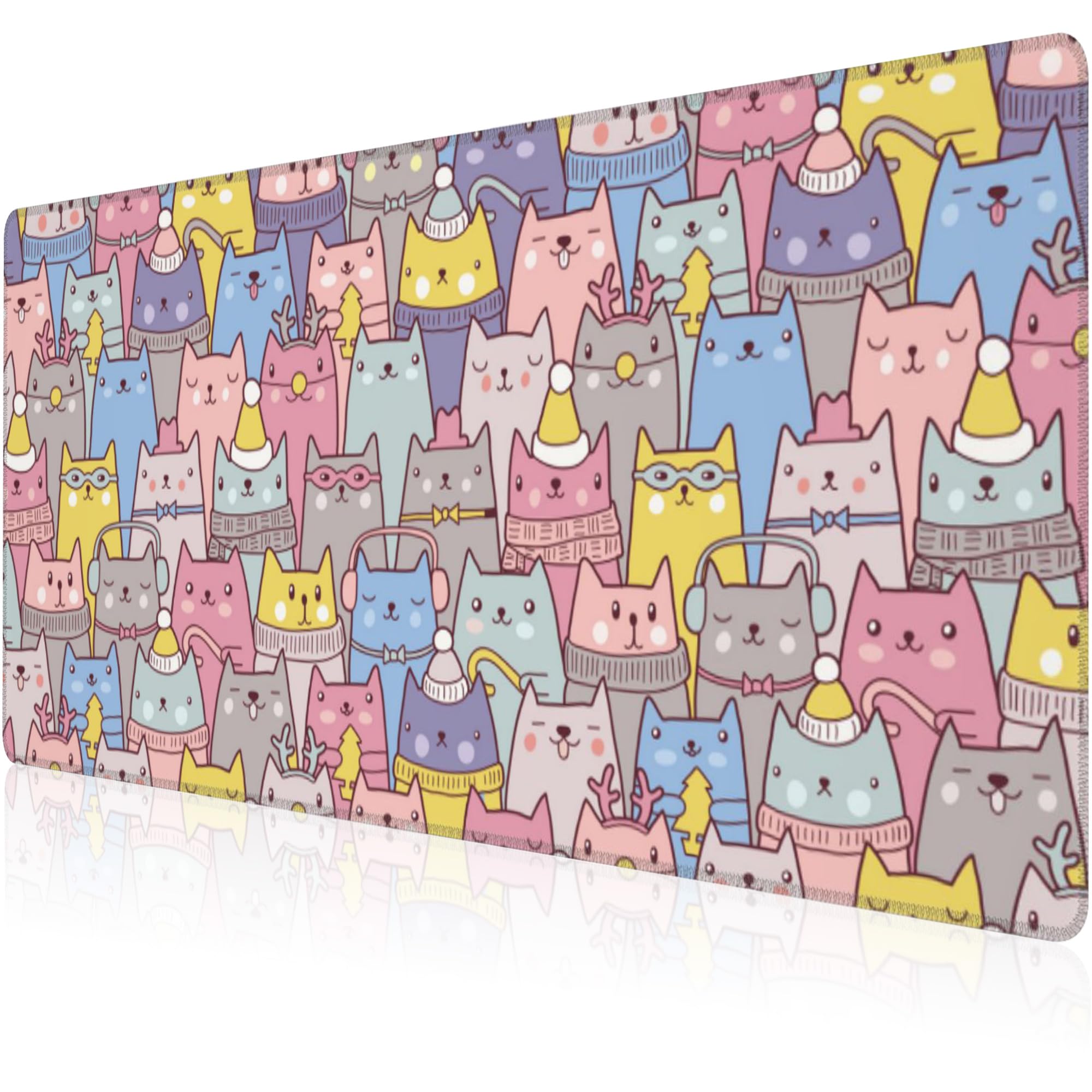Mouse Pad, Large Cute Christmas Cats Desk Mat, Extended Non-Slip Gaming Keyboard Mousepad Desk Pad, Thick Stitched Edges Waterproof Mouse Mat 31.5"x15.7" (Cartoon Christmas Kittens)