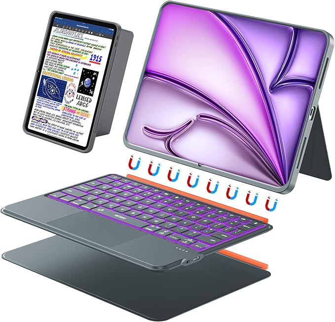 WIWU Keyboard Case for iPad Air 13 Inch 3 in 1 Magnetic Detachable Keyboard Case Adjustable Stand 7 Colours Backlit Keys with Trackpad (Grey, for Air 13"(M3/M2) Pro 12.9" 6/5/4/3)