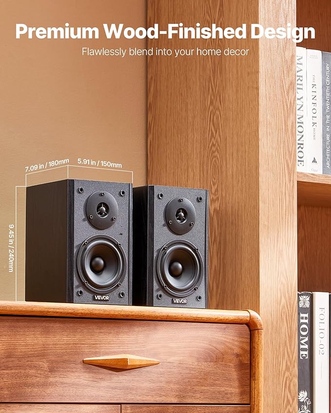 VEVOR Powered Bookshelf Speakers, 20W x 2, Active Studio Monitor Speaker with 4 Inch Woofer, Adjustable Volume and Audio with Bluetooth Optical Connection, Wooden Enclosure, for Record Player PC TV