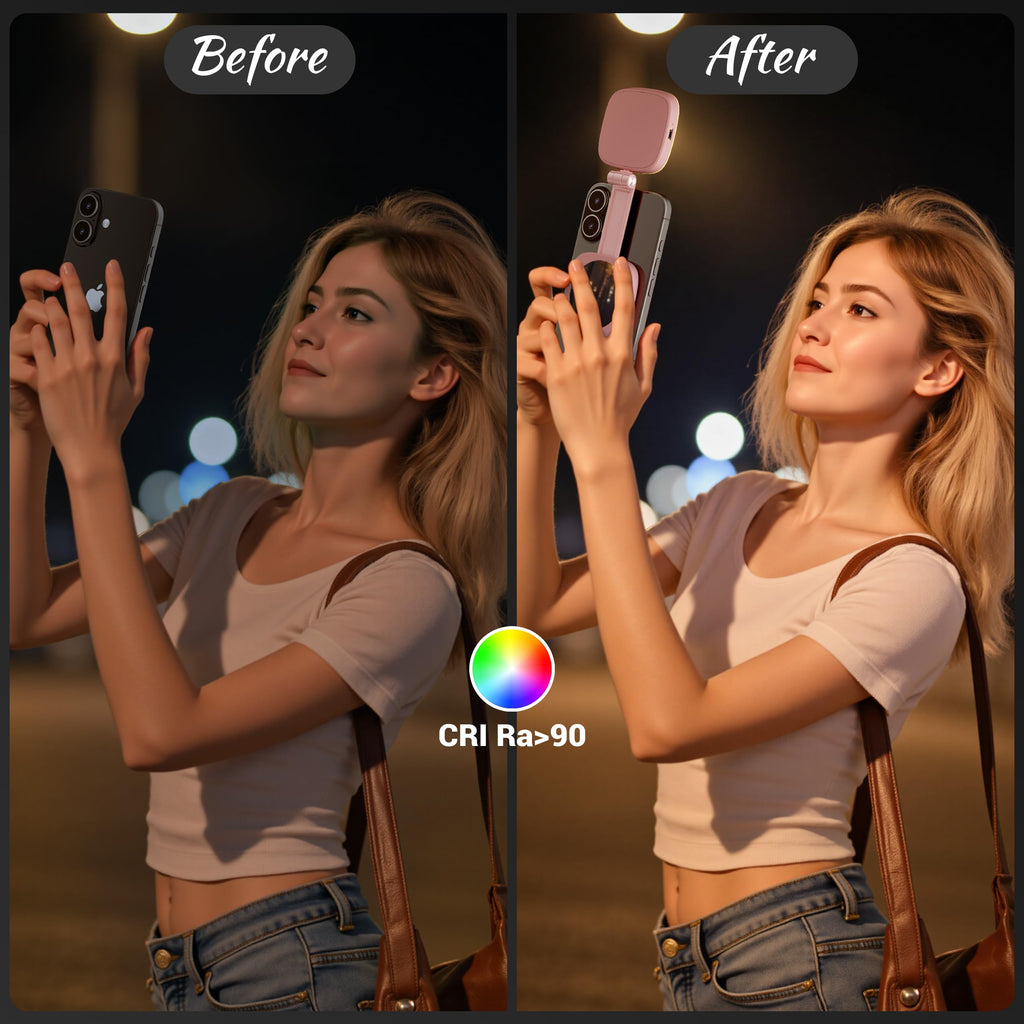 Cocobeen Magnetic Selfie Light for Phone: 5 Led Mode with Mirror Compatible for iPhone & Android - Rechargeable Portable Fill Light for Photography/Video Recording/Conference/Vlog/Makeup（Pink