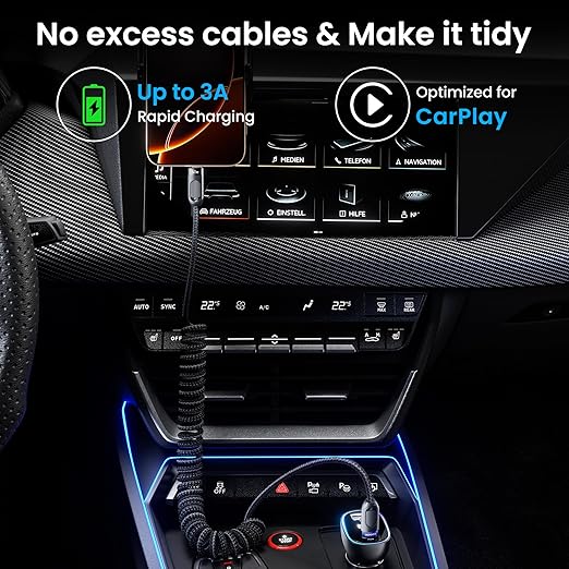Coiled USB A to USB C 2Pack 3FT Braided Retractable Fast Charging Cable for Car, Compatible with iPhone 16/15 Pro Max/Galaxy S24/S23/S22, Supports Car Play & Android Auto-Black