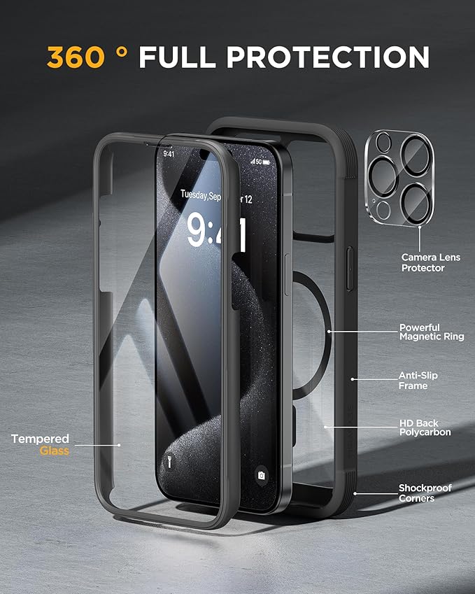 Miracase Magnetic for iPhone 15 Pro Case [Compatible with MagSafe] Full-Body Bumper Phone case with Built-in Glass Screen Protector& Camera Protector, Military Drop Proof 15 Pro Cover 6.1 inch, Black
