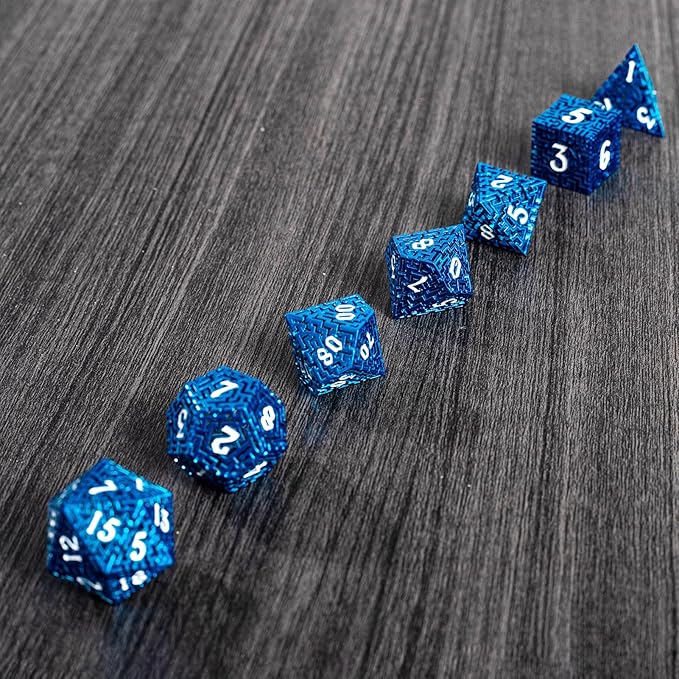 Blue Metal Hollow DND Dice Set (Wizard) Metallic Luster Maze Design with Storage Box - Balanced Weight 7 Piece Zinc Alloy, designed for Dungeons and Dragons DMs and Players RPG Accessories