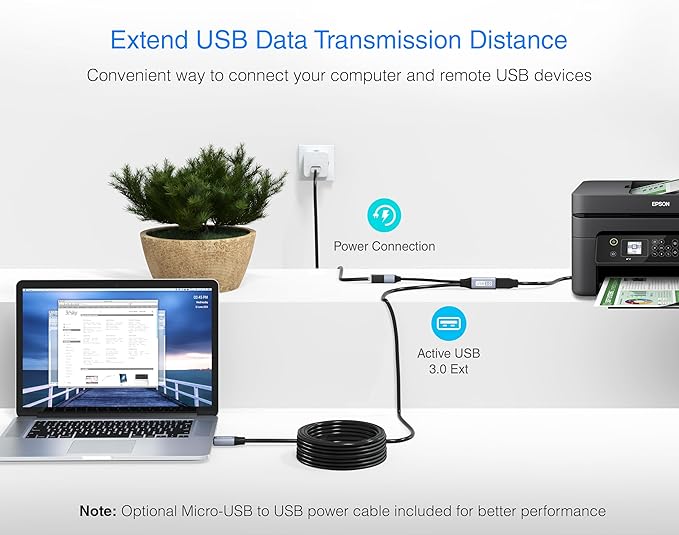 BlueRigger USB 3.0 Extension Cable (32FT, Active, 5 Gbps, in-Wall CL3 Rated, Type A Male to Female Cord) - Long USB Repeater Extender for VR Headset, Printer, Hard Drive, Keyboard, Mouse, Xbox