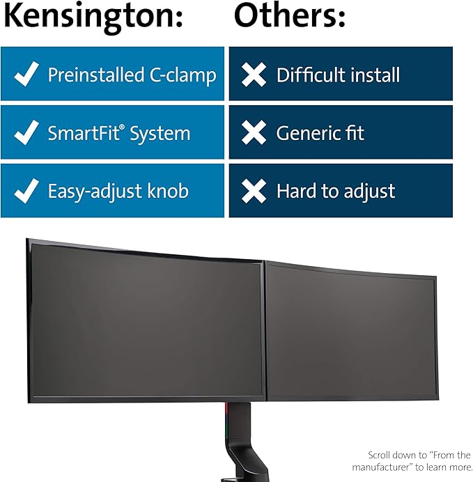 Kensington Dual Monitor Mount for Desk, C-clamp Vesa Monitor Stand Fits 2 Ultrawide Monitors Up to 27 Inches, Low Profile Stand, Height Adjustable Rotating Free Standing Arm, Black
