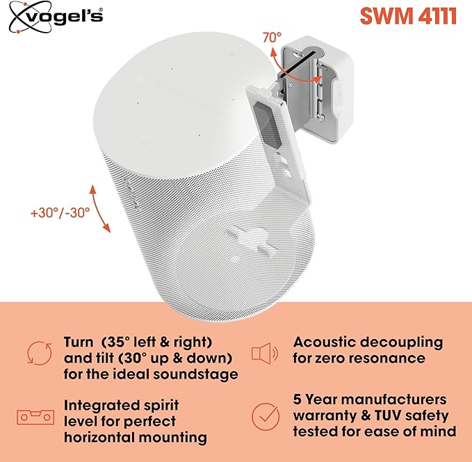 Vogel's SWM 4111 Speaker Wall Bracket for Sonos ERA 100, Max. 11 lbs (5 kg), Tiltable -30º/+30º, Swivels up to 70º (Left/Right), White, 1 Bracket
