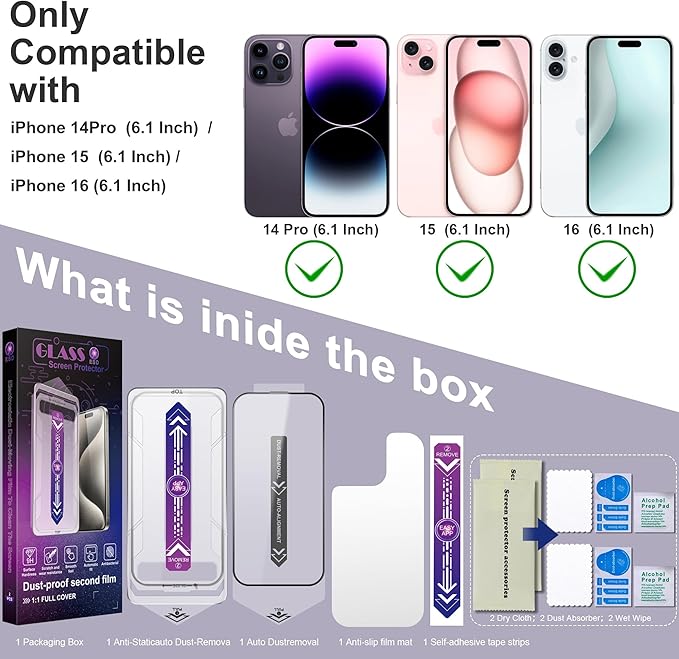 2 Pack Screen Protector for iPhone 14 Pro/iPhone 15 / iPhone 16, 9H Tempered Glass, Full Coverage, Anti-Fingerprint, Auto Dust-Elimination, No Bubble, Easy Installation