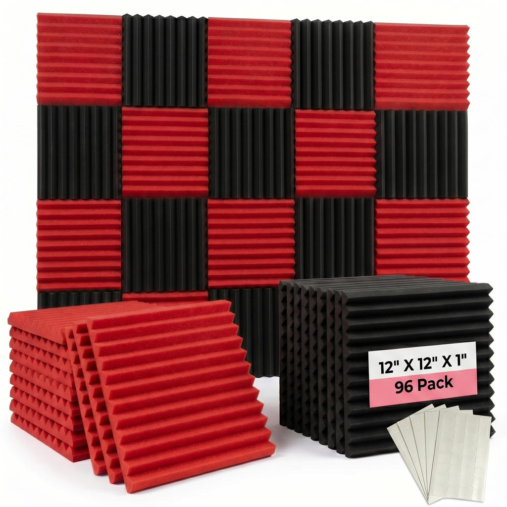 96 Pack Black/RED 12 "X 12 "X1" Acoustic Panels Studio Soundproofing Foam Wedge Tiles(Accompanied By Double-Sided Adhesive Tape)
