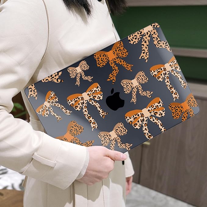 MEEgoodo for M4/M3/M2 MacBook Air 15.3 inch Case 2025 2024 2023, Case Fit Model (A3241/A3114/A2941) for MacBook Air 15 inch, Laptop Hard Shell with Keyboard Cover, Ribbon Bow with Leopard Skin
