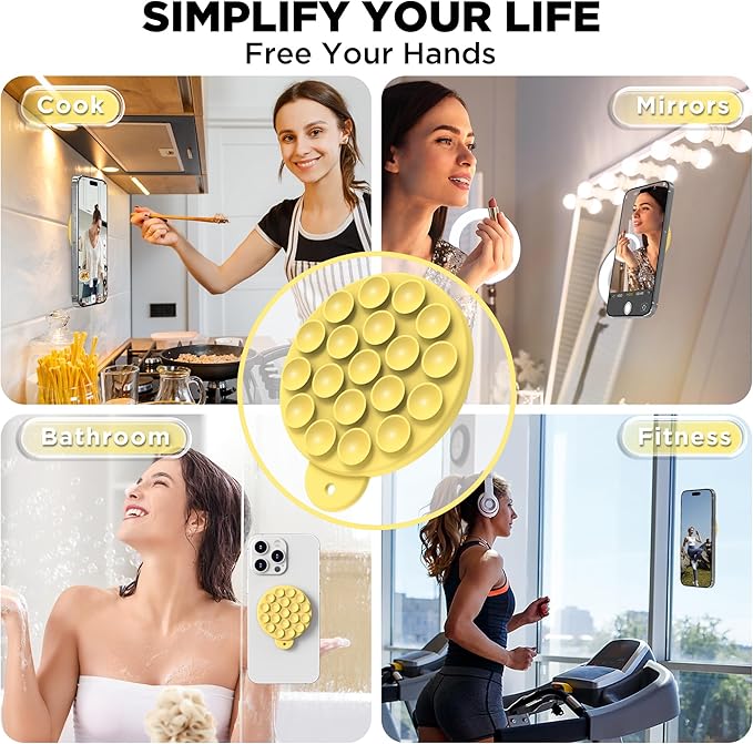 Magnetic Suction Cup Phone Mount for MagSafe Case, Silicone Hands-Free Grip Holder for iPhone and Android, Mirror Shower Phone Stand for Makeup FaceTime Gym Kitchen Bathroom, Yellow