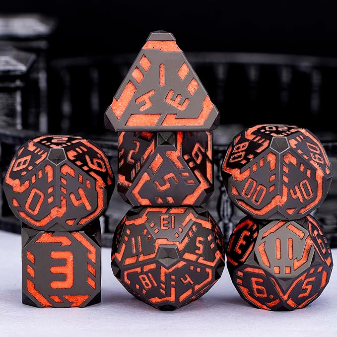 Metal DND Sci-fi Dice Set 7PCS Luminous Orange Stripe Polyhedral Dice for Dungeons Dragons RPG Role Playing Game, Glitter D and D Dice with Gift Box D6 D8 D10 D12 D20