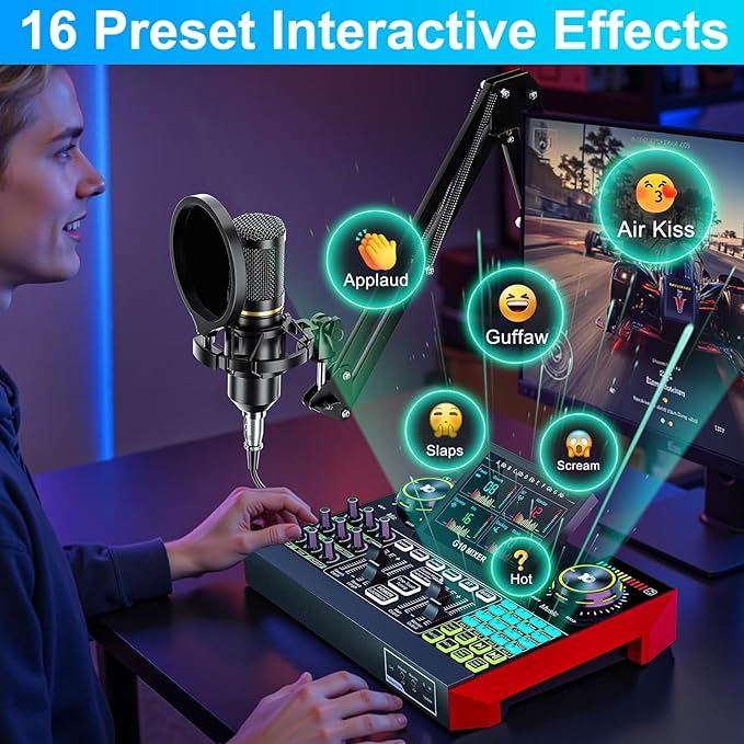 Podcast Equipment Bundle with 3.5mm Condenser Microphone for Pc/Phone Live Streaming Singing Gaming, Podcast Microphone Bundle with Live Sound Card Audio Mixer,Voice Changer, Denoise,DJ Sets