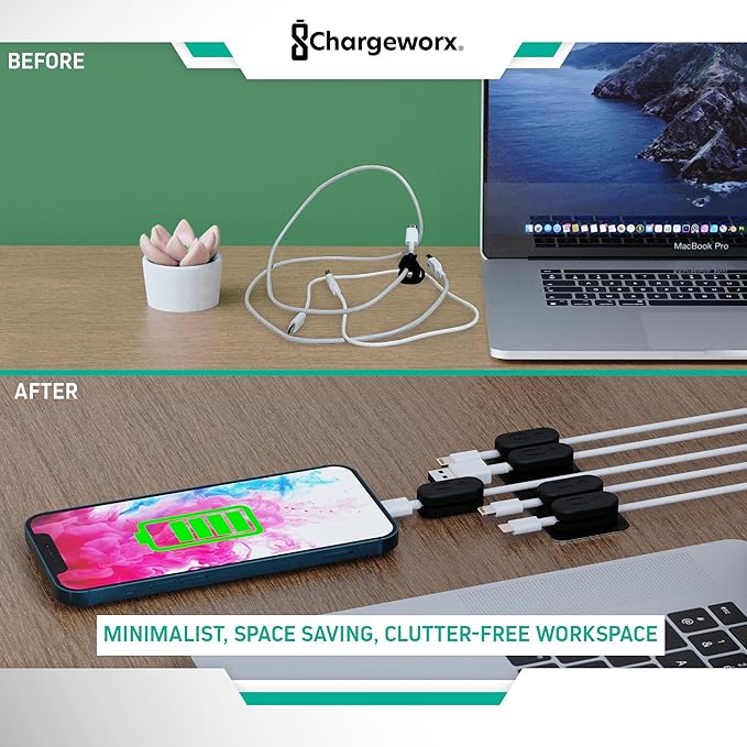 ChargeWorx Pack of 5 Magnetic Cable Clips, Cord Organizer for Office Desk, Nightstand, Car, or Wall, Adhesive Wire Holder for USB-C, Micro-USB, and Lightning Cables, Magnet Clips for Cable Management
