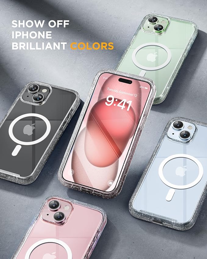 Miracase Glass Series for iPhone 15 Case [Compatible with MagSafe] Full-Body Magnetic Case with Built-in 9H Tempered Glass Anti-Fingerprint Screen Protector + Camera Lens Protector, Clear Glitter
