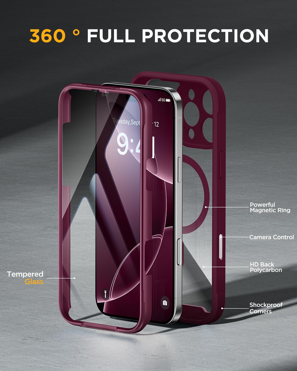 Miracase for iPhone 16 Pro Max Case 6.9'', [Bubble Free] Full-Body Bumper Phone case with Built-in Full Glass Screen &Lens Protector,Compatible with MagSafe,Drop Proof 16 Pro Max Cover,Plum