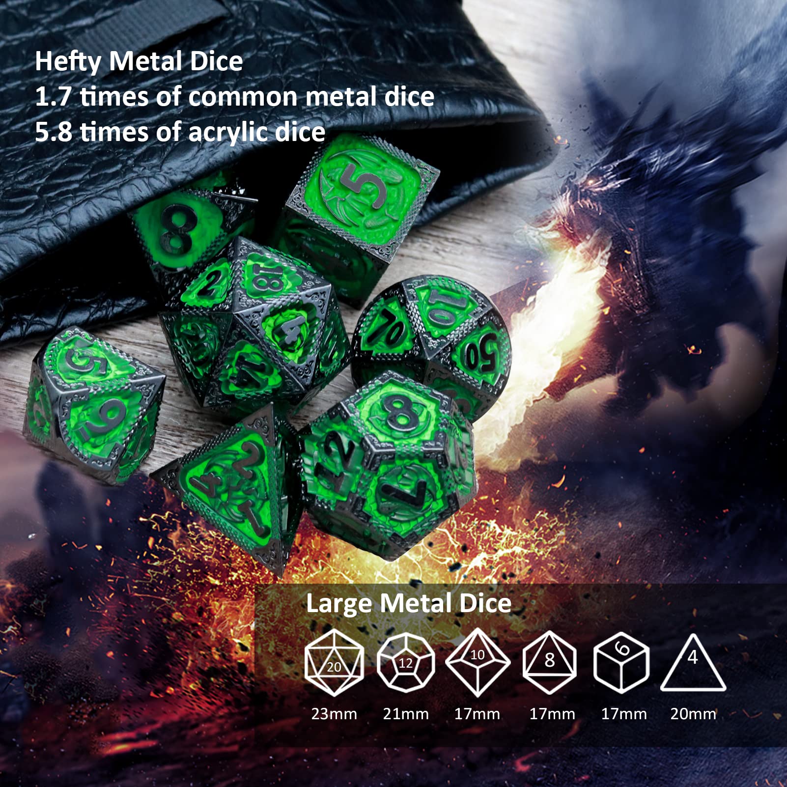 Haxtec Metal Dice Set Green Black Dragon Pattern Metal DND Dice with Leather Dice Bag Polyhedral D&D Dice Compatible with Dungeons and Dragons TTRPG Gifts