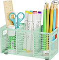 Marbrasse Mesh Pen Holder for Desk,Pencil Holder Desk Organizer 3 Adjustable Compartments,Pencil Cup with Handle Perfect for Classroom, Office, Home,Makeup,Art (Green)