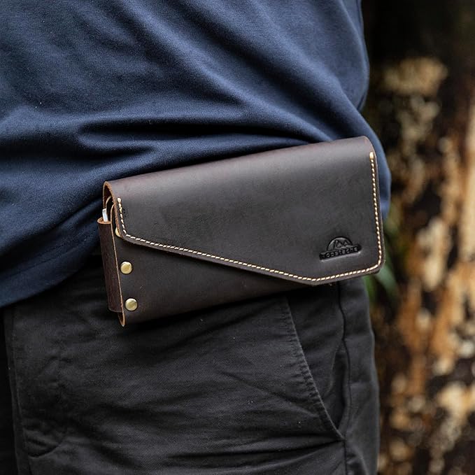 Topstache Leather Phone Holster with Belt Loop, Magnetic Closure Cell Phone Pouch Card Holder Wallet, Handmade Holder for iPhone 13 Pro Max, S22 Ultra, Dark Brown