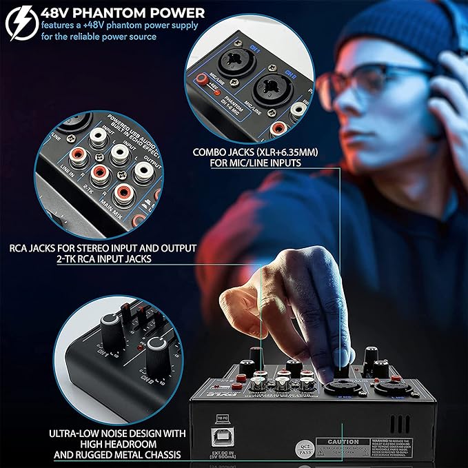 Pyle Professional Wireless DJ Audio Mixer - 4 Channel Bluetooth Controller Sound Mixer, USB Audio Interface, 2 Combo Jack XLR+6.35mm Mic/Line/Guitar in, 3.5mm, RCA AUX, Headphone Jack - PAD43MXUBT