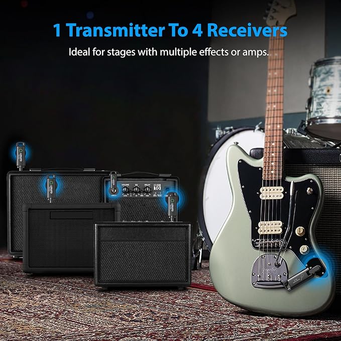 LEKATO Wireless Guitar System UHF Wireless Guitar Transmitter Receiver Rechargeable Audio Wireless Guitar Transmitter and Receiver with 70 Channels Wireless for Guitar Bass Electric Instruments (Blue)