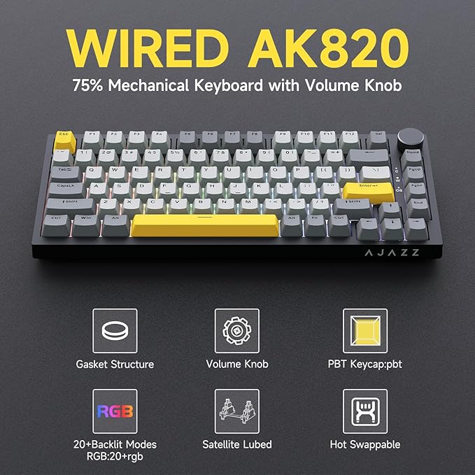 Ajazz AK820 75% Wired Gasket Mechanical Gaming Keyboard with Volume Knob - South Facing LED - PBT Keycaps - Programmable RGB Hot Swap Keyboard
