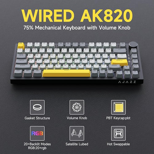 Ajazz AK820 TKL 75% Hot Swappable Mechanical Keyboard with Volume Knob, Gasket Mount Wired Gaming Creamy Keyboard, Pre-lubed Linear Switch, South-Facing RGB, PBT Keycaps
