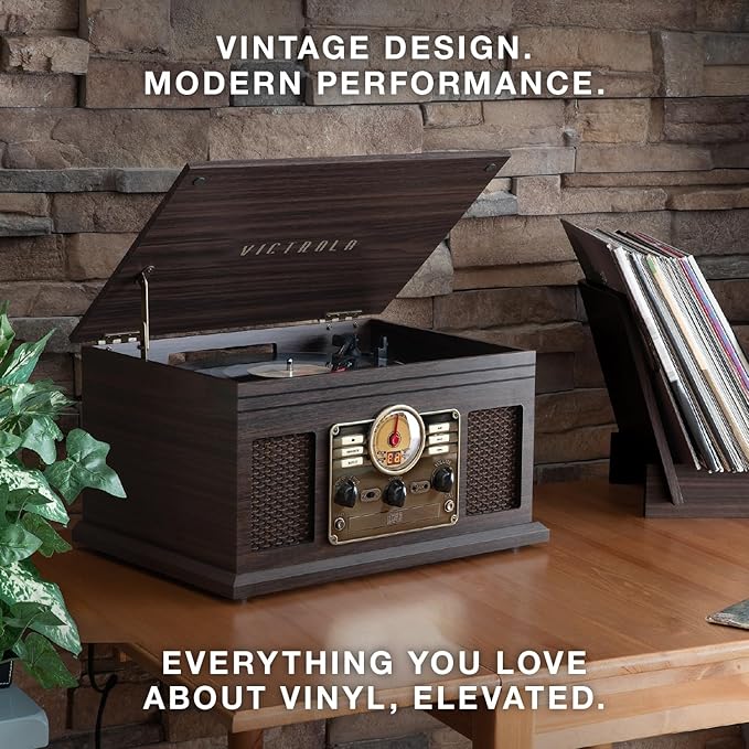 Victrola The Quincy 6-in-1 Bluetooth Record Player & Multimedia Center with Built-in Speakers – 3-Speed Turntable, CD & Cassette Player, AM/FM Radio, Wireless Music Streaming (Grey Wood)