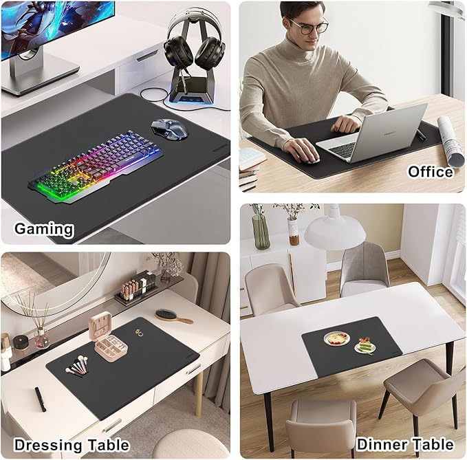 Desk Mat with Lip & Reinforced Stitched Edge|Non-Slip Waterproof PU Leather Desk Pad|Ergonomic Keyboard Mouse Pad With edge Protector|for Office, Home, Study(23.6" x 16.5",Black)