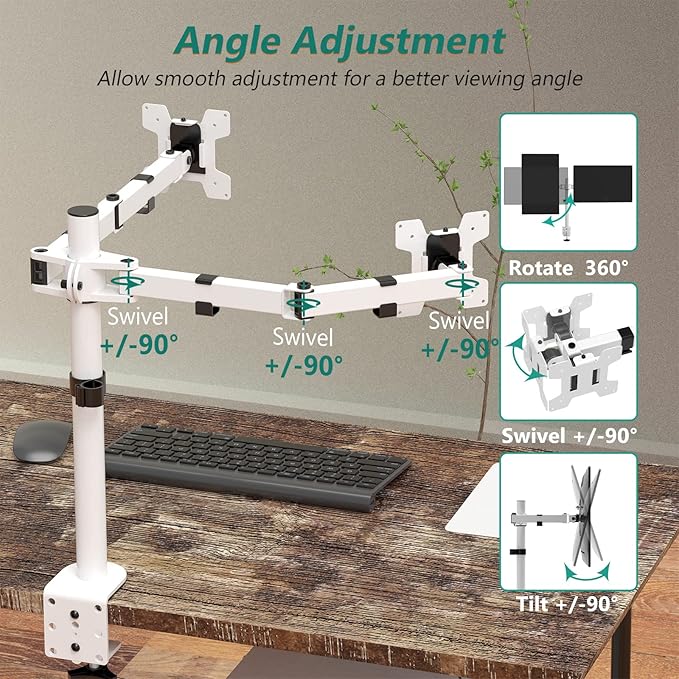 WALI Dual LCD Monitor Fully Adjustable Desk Mount Stand Fits 2 Screens up to 27 inch, 22 lbs. Weight Capacity per Arm (M002-W), White