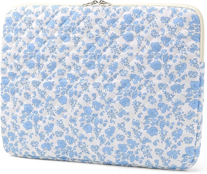 Puffy Laptop Sleeve 13-15.6 Inch Cute Quilted Laptop Protective Case Padded Floral Computer Sleeve for MacBook (B-Blue, 15 Inch)