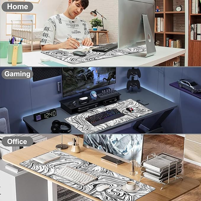 Black and White Marble Desk Mat,Large Abstract Marble Texture Gaming Keyboard Mouse Pad,Non-Slip Rubber Base Desk Pad Thick Stitched Edges Waterproof Mousepad Mouse Mat 31.5"x11.8"