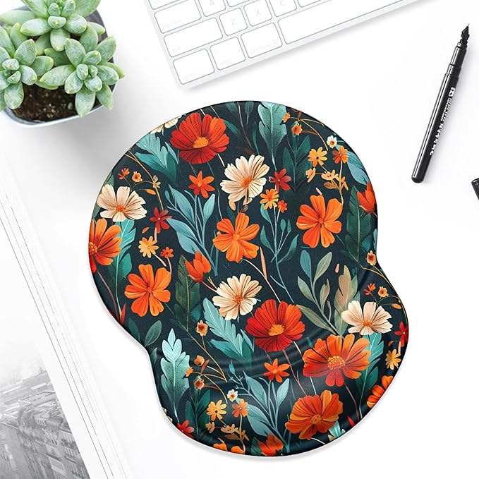 ITNRSIIET Ergonomic Mouse Pad with Gel Wrist Support Small Wrist Rest Smooth Surface Non-Slip PU Base Comfortable Office Supplies Pain Relief, 8.7 x 7.2 inches, Beautiful Flowers