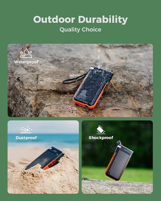 GOODaaa Solar Power Bank, 45800mAh Wireless Portable Charger Built-in Cables,15W Fast Charging Solar Charger, USB C in&Out and USB A Battery Pack for Outdoor with Emergency Radio,Flashlight