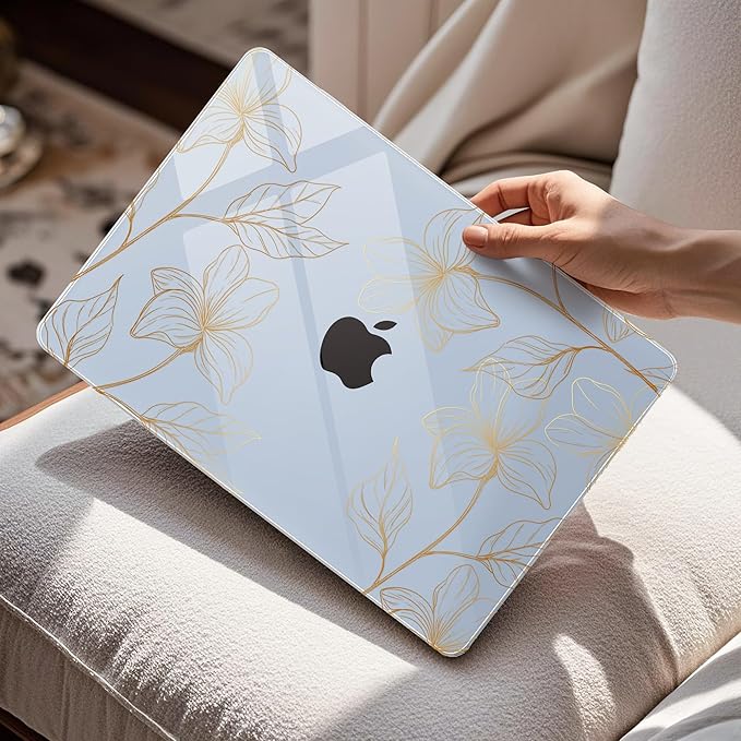 Mektron for 2025 MacBook Air 15 inch M4 Case A3241/ 2024 M3 A3114/ 2023 A2941 M2 Hard Printed Case with 15.3 Liquid Retina Display Touch ID, Plastic Hard Cover & Keyboard Skin- Gold Flower S718-Blue