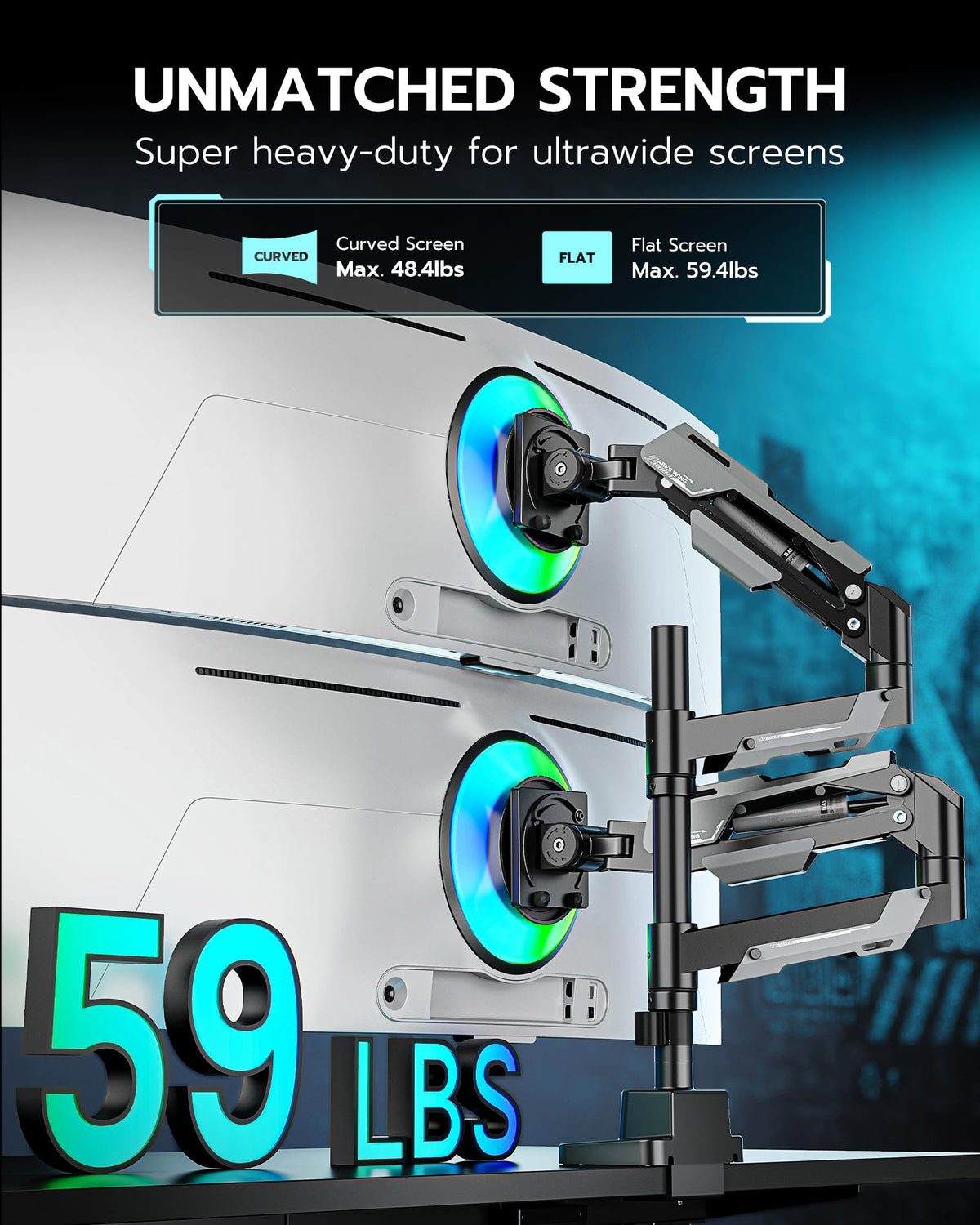 ARES WING Heavy Duty Dual Monitor Mount with USB for 24-57 Inch, Black